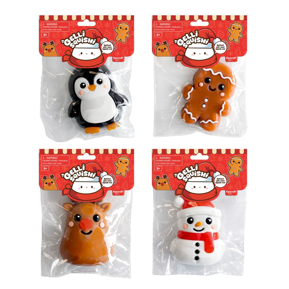 Four Christmas squishy toys including a penguin, gingerbread man, reindeer, and snowman in red festive packaging.