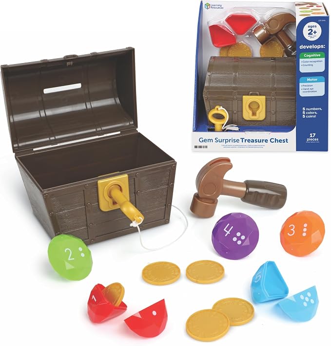 Plastic treasure chest toy set with a brown chest, a hammer, a key, and five colorful numbered gems with gold coins.