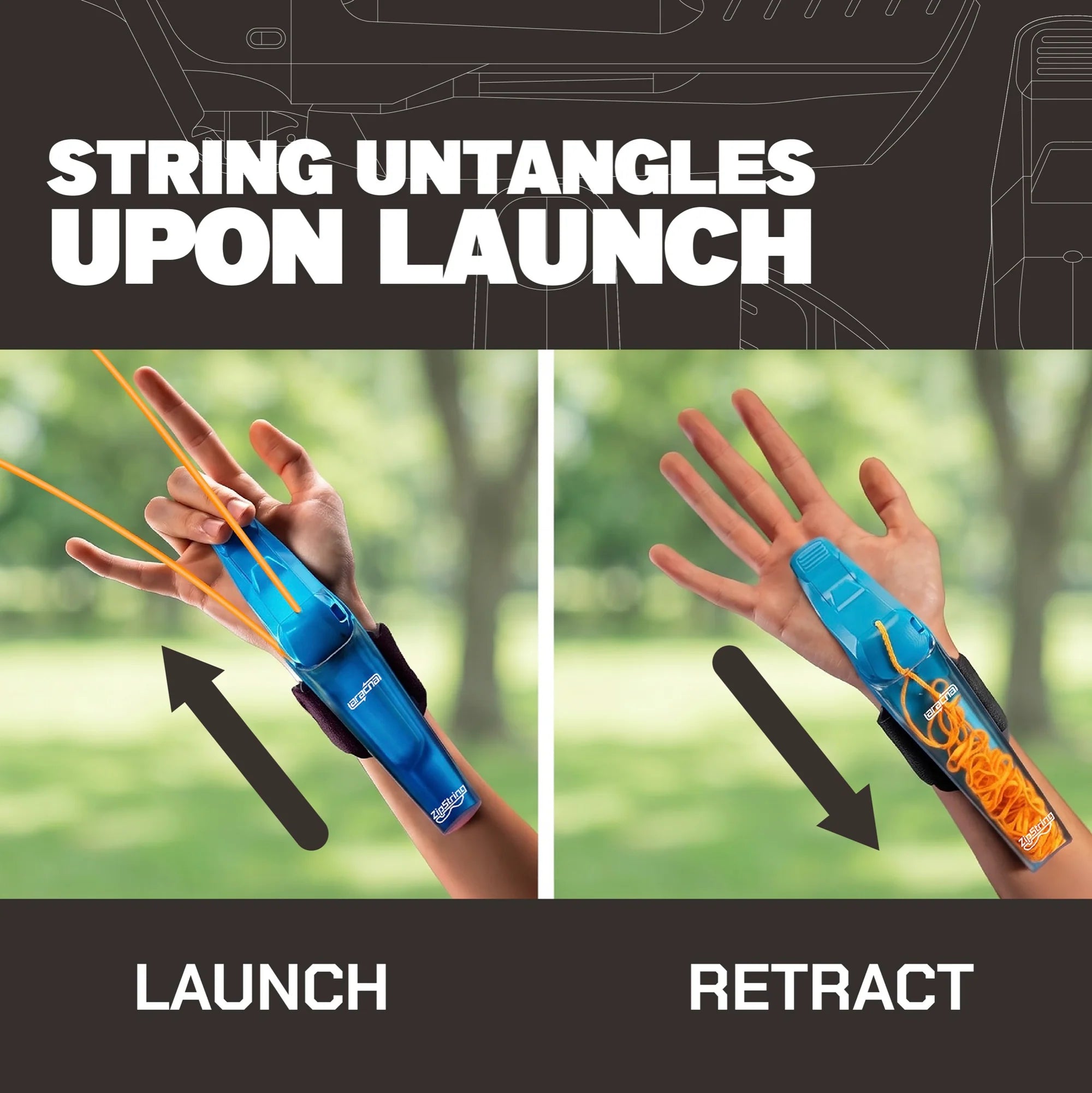 Blue wrist-mounted toy launching and retracting a loop of bright orange string.