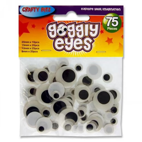 Retail packaging for Crafty Bitz Googly Eyes containing 75 pieces of assorted sizes.