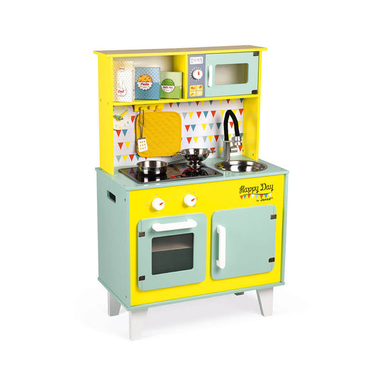Janod - Big Kids Wooden Kitchen - Happy Day - Pretend Play Toy Kitchen - Age 3 +