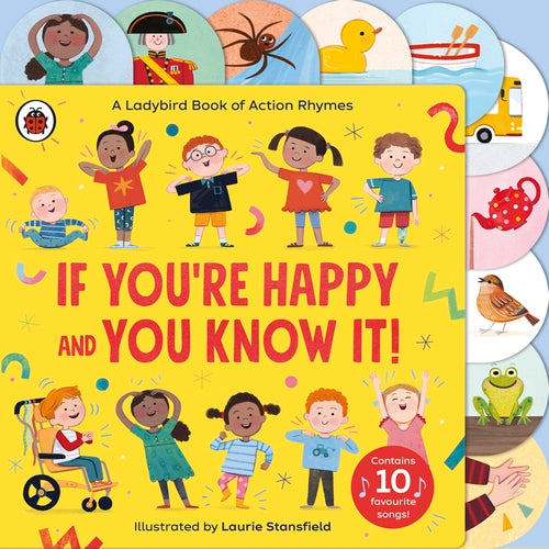Yellow board book cover featuring diverse children and circular side tabs with nursery rhyme icons like a duck and spider.