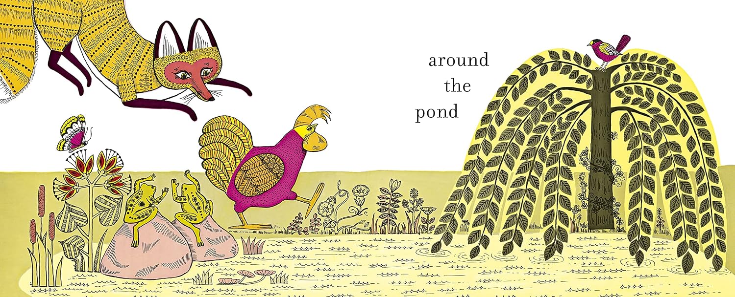 Yellow patterned fox leaping toward a pink hen near frogs and a large yellow weeping willow tree by a pond.