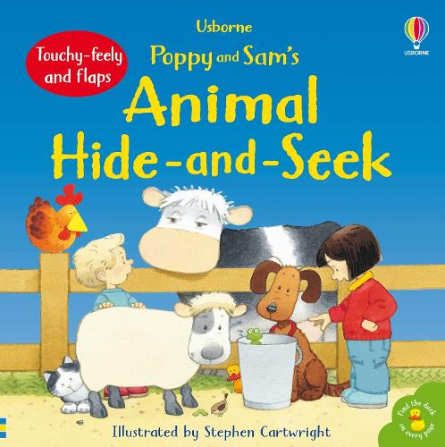 Cover of Usborne Poppy and Sam's Animal Hide-and-Seek book featuring farm animals and children by a wooden fence.