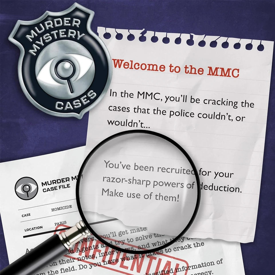 A promotional graphic for a 'Murder Mystery Case' recruitment program. It features a silver and black 'MURDER MISTERY CASES' badge, a magnifying glass over a case file, and torn sheets of paper with text reading 'Welcome to the MMC' and 'You've been recruited for your razor-sharp powers of deduction.