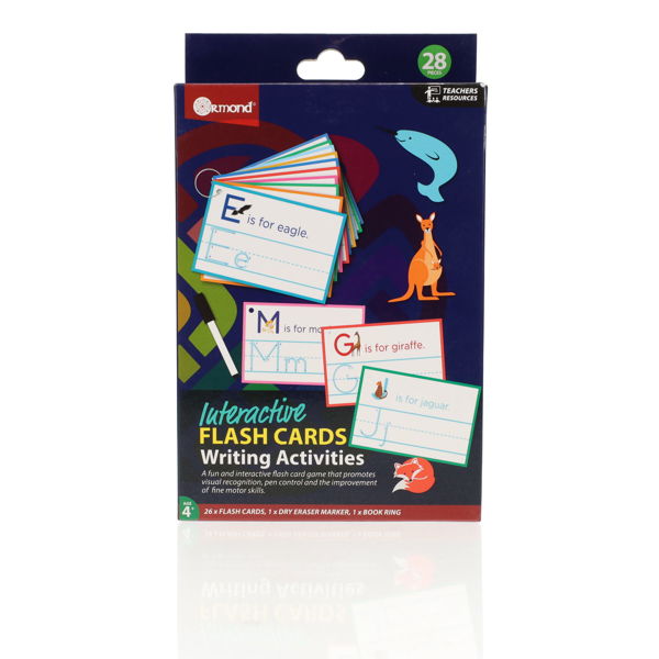 Blue box of Ormond Interactive Flash Cards featuring animal illustrations and a dry erase marker for writing practice.