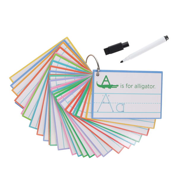 Colorful alphabet flashcards on a ring featuring letter tracing guides and a white dry-erase marker.