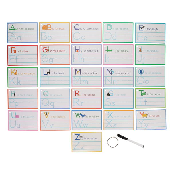 Grid of colorful alphabet tracing cards with animal icons, plus a metal ring and black dry-erase marker.