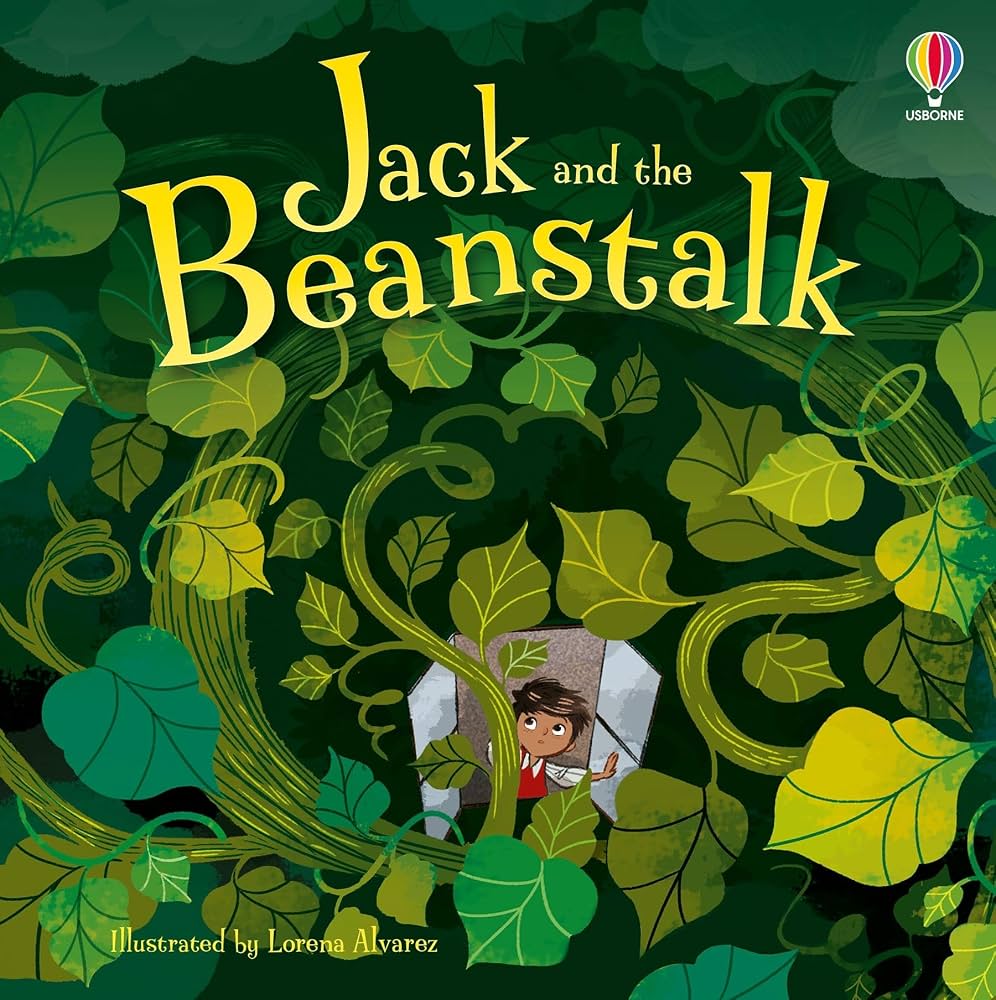 Book cover for Jack and the Beanstalk featuring lush green leaves and a small boy peering through the foliage.