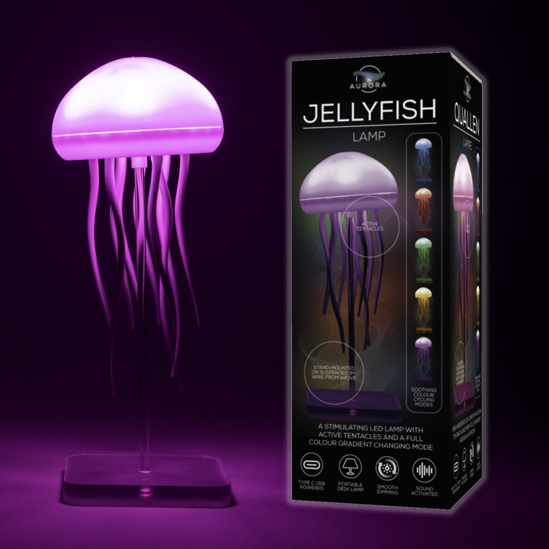 A glowing pink jellyfish lamp on a clear square stand next to its black packaging showing multiple color modes.
