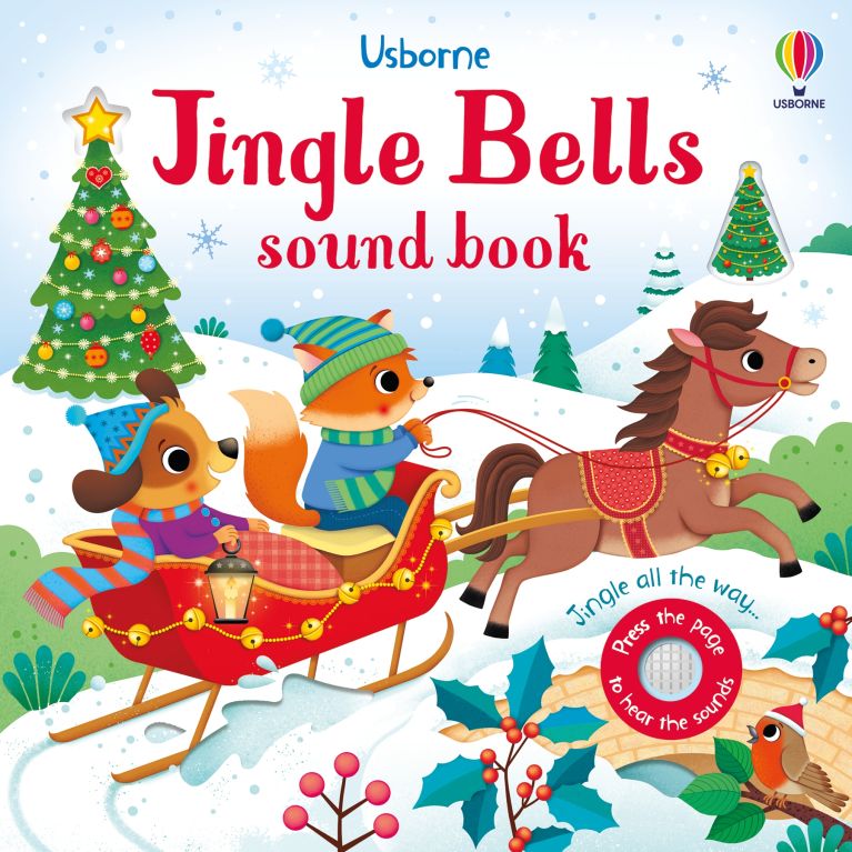 Cover of Usborne Jingle Bells sound book with a fox and dog in a sleigh and a red pressable sound button.