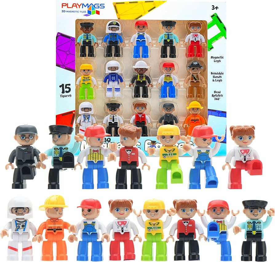 15 diverse Playmags magnetic figures with various uniforms shown in their packaging and standing in rows.