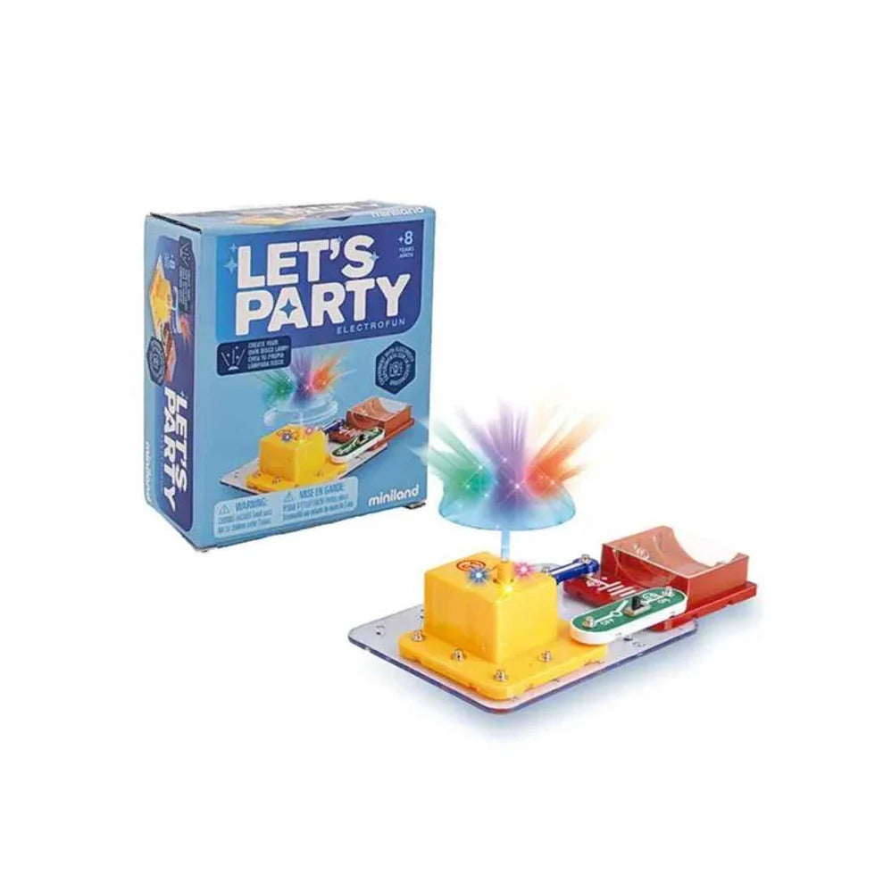 Miniland Let's Party Electrofun kit showing the blue box and an assembled toy with glowing multi-color lights.