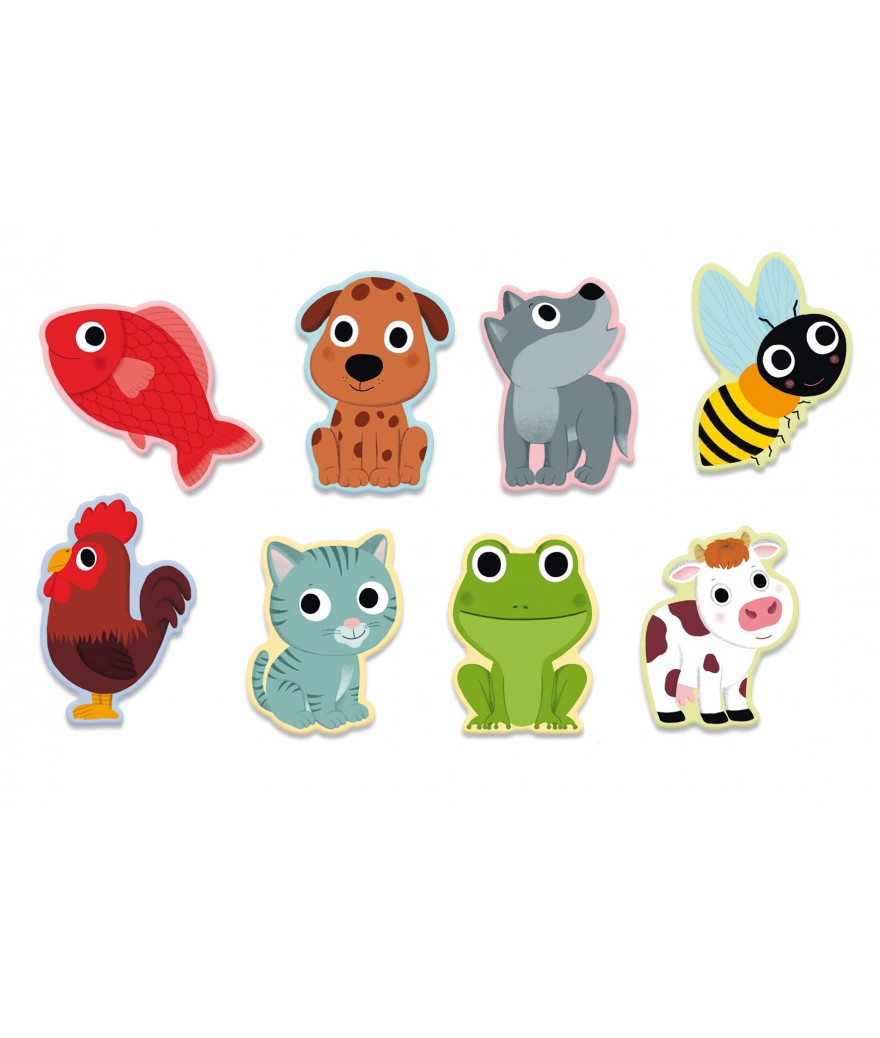 Eight colorful animal-shaped cards: red fish, spotted dog, wolf, bee, rooster, grey cat, green frog, and spotted cow.