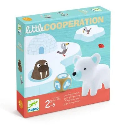 Little Cooperation board game box featuring a white polar bear figurine, a walrus illustration, and a large blue die.