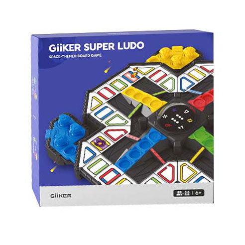 Packaging for GiiKER Super Ludo, a space-themed board game with a colorful hexagonal board and a central digital display.