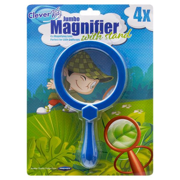 Blue jumbo magnifying glass for kids with a 4x lens and handle stand on a green jungle-themed package.