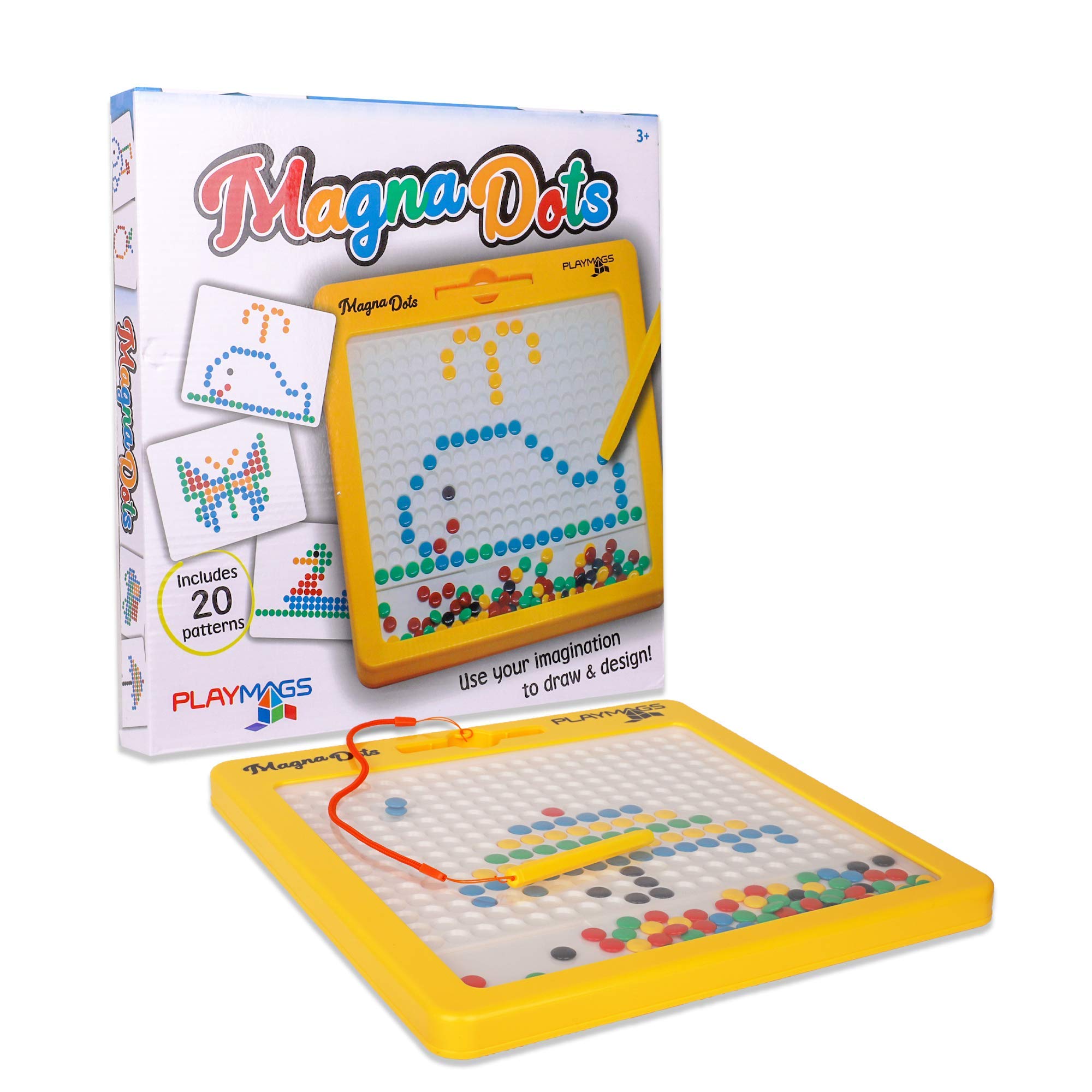 A yellow magnetic drawing board with colorful dots and a stylus next to its white and blue packaging.