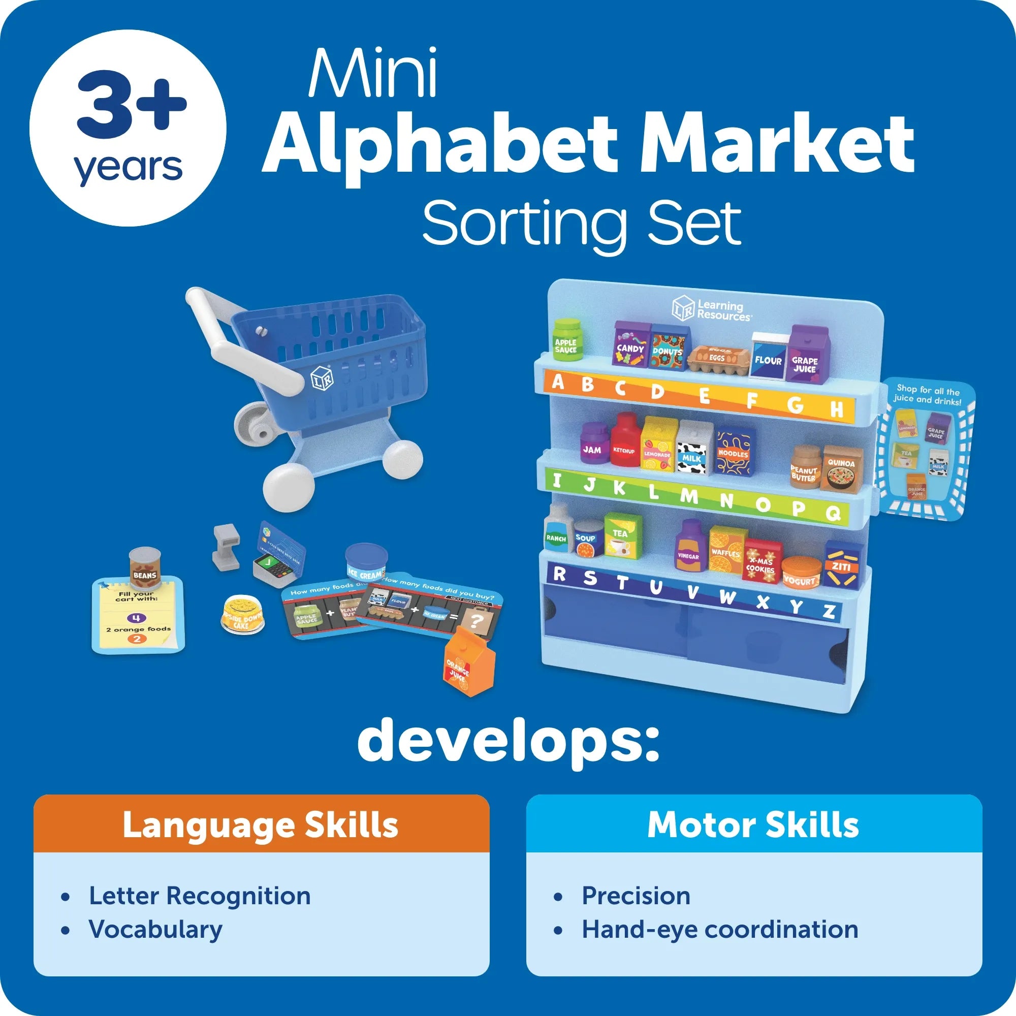 Mini Alphabet Market Sorting Set toy for children aged 3 and up, featuring a blue shopping cart, alphabet market display shelves with colorful toy groceries, and sorting boards on a blue background with text highlighting language and motor skill development.
