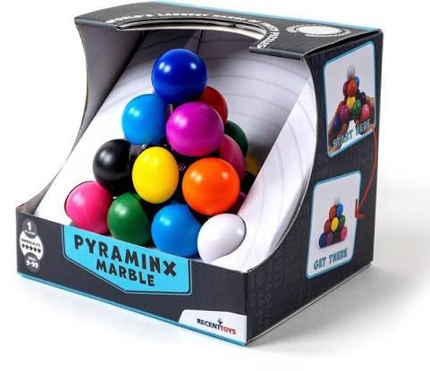 A pyramid-shaped puzzle made of vibrant multi-colored plastic balls inside a black and blue retail display box.