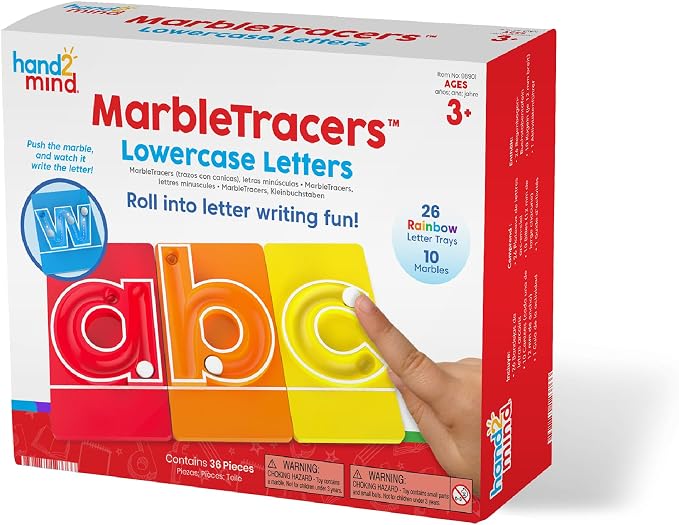 Hand2mind MarbleTracers packaging showing colorful red, orange, and yellow lowercase letter trays with a marble.