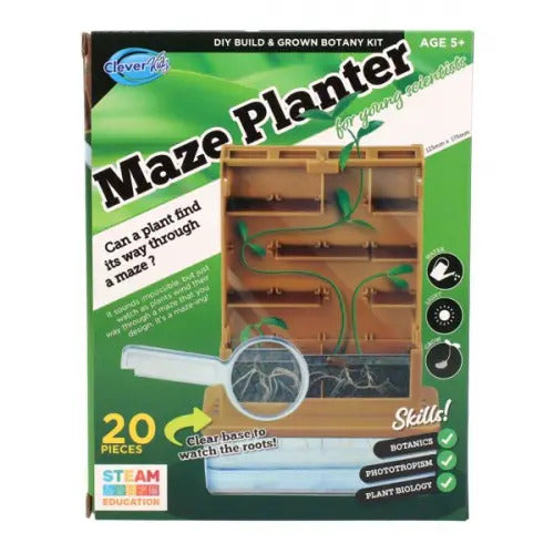 Box for a Clever Kids Maze Planter kit showing a brown plastic maze with green sprouts and a clear root viewing base.