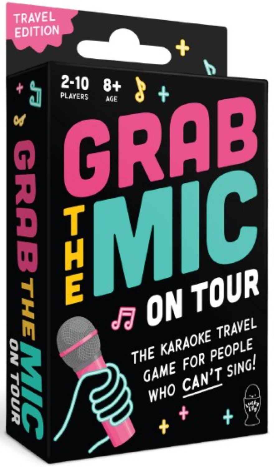 Black travel-sized box for Grab the Mic On Tour karaoke game with bold pink and turquoise text and a microphone graphic.