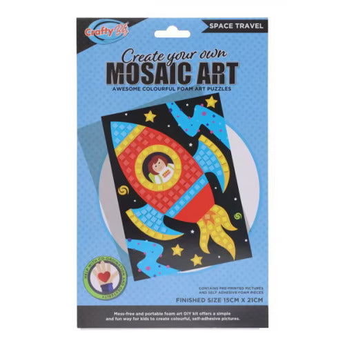 Packaging for a Space Travel Mosaic Art kit featuring a colorful rocket ship design made of foam squares.