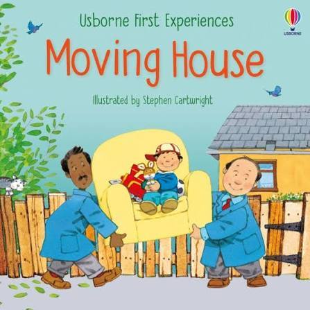Cover of Usborne Moving House book showing two movers carrying a boy in a yellow armchair past a garden fence.