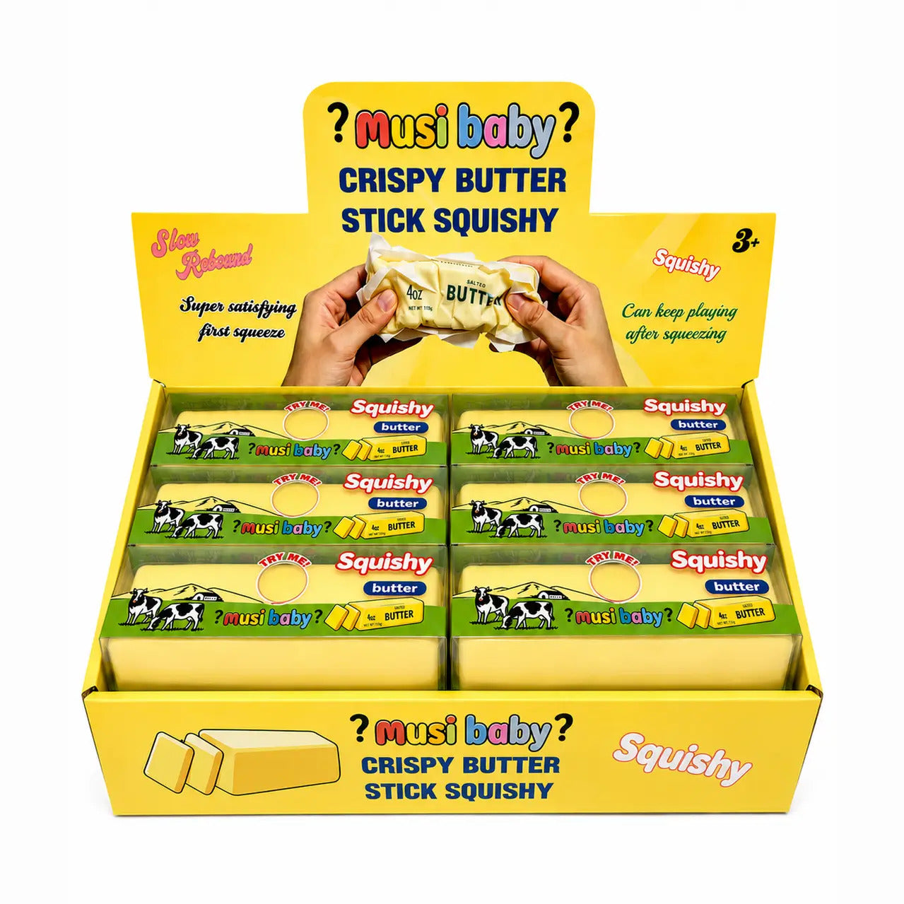 A yellow retail display box filled with squishy toys designed to look like sticks of salted butter.