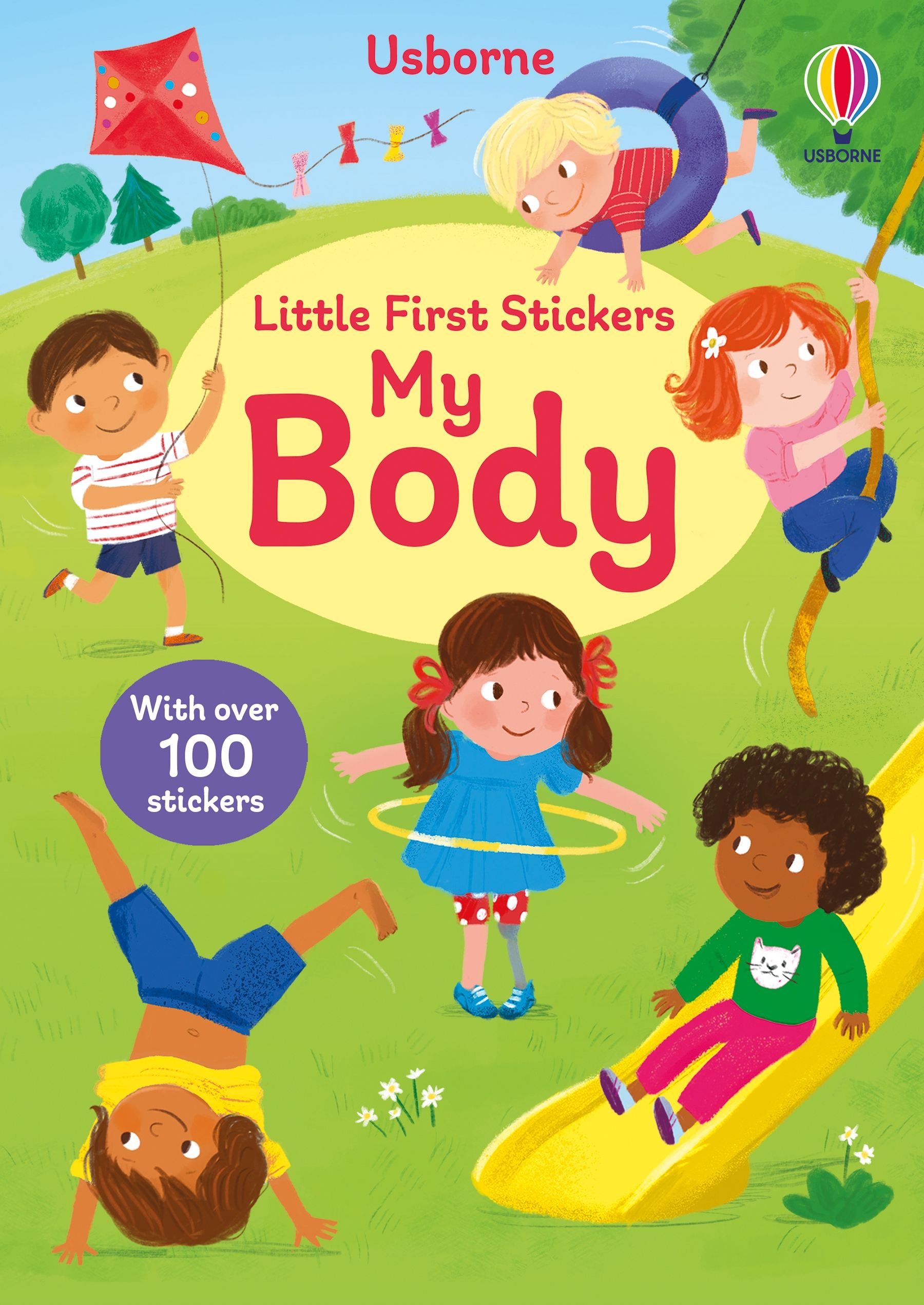 Cover of Usborne Little First Stickers My Body book showing diverse children playing in a park with a kite and slide.