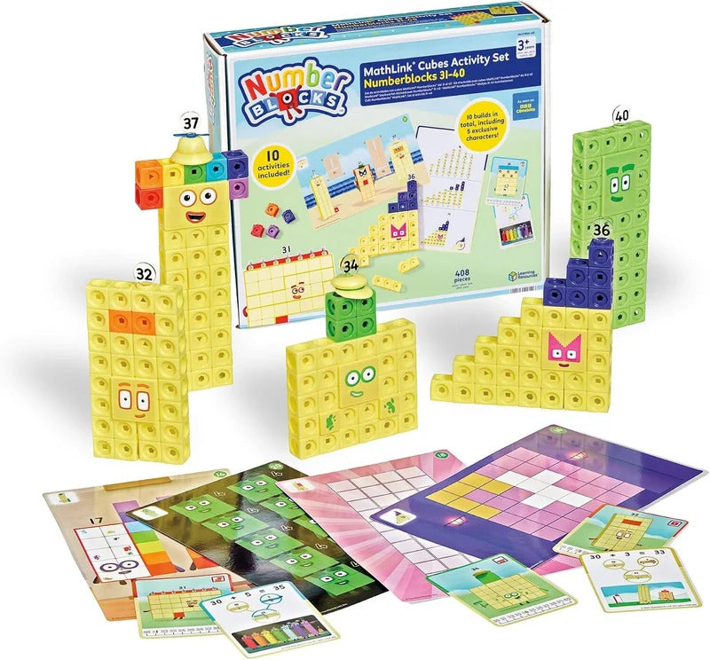 Numberblocks MathLink Cubes set featuring built characters 31-40, colorful blocks, activity cards, and product packaging.