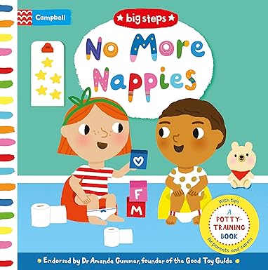 Colorful book cover titled No More Nappies showing two toddlers sitting on potties with a reward sticker chart.