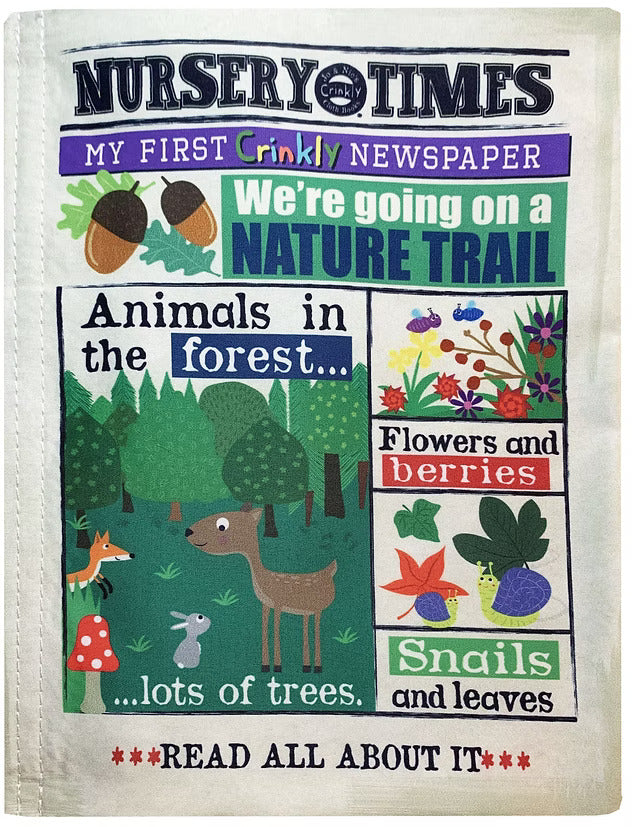 Front view of a cloth baby toy styled like a newspaper with 'Nursery Times' text and nature-themed illustrations.