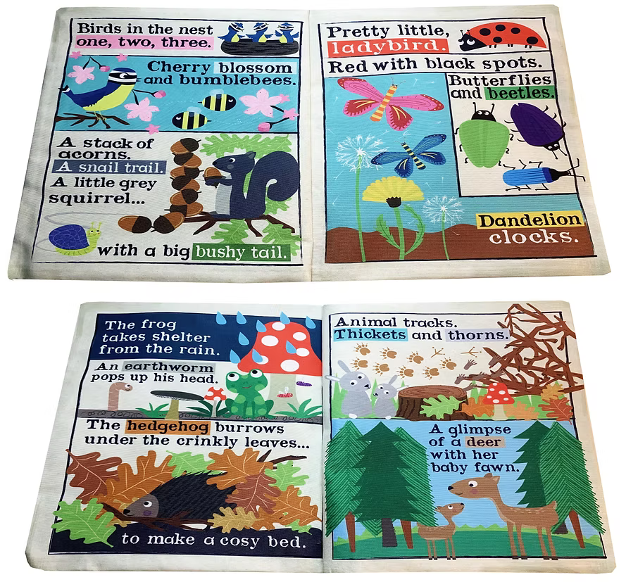 A set of six square wooden toy blocks featuring colorful nursery rhyme and children's nature-themed illustrations, arranged in a two-by-three grid on a white background.