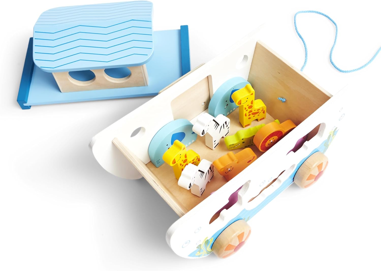 Wooden pull-along ark toy with colorful animal pairs, shape-sorting slots, and a blue detachable roof.