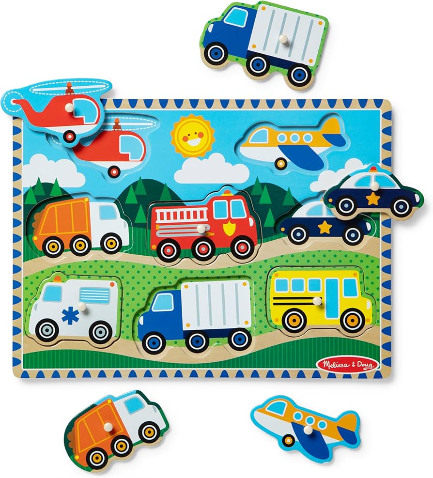 8-piece wooden peg puzzle featuring colorful vehicles like a red fire truck on an illustrated landscape board.