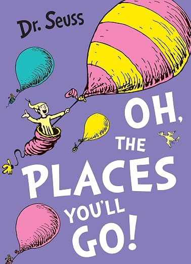Book cover for Oh, the Places You'll Go! by Dr. Seuss with a person in a hot air balloon on a purple background.