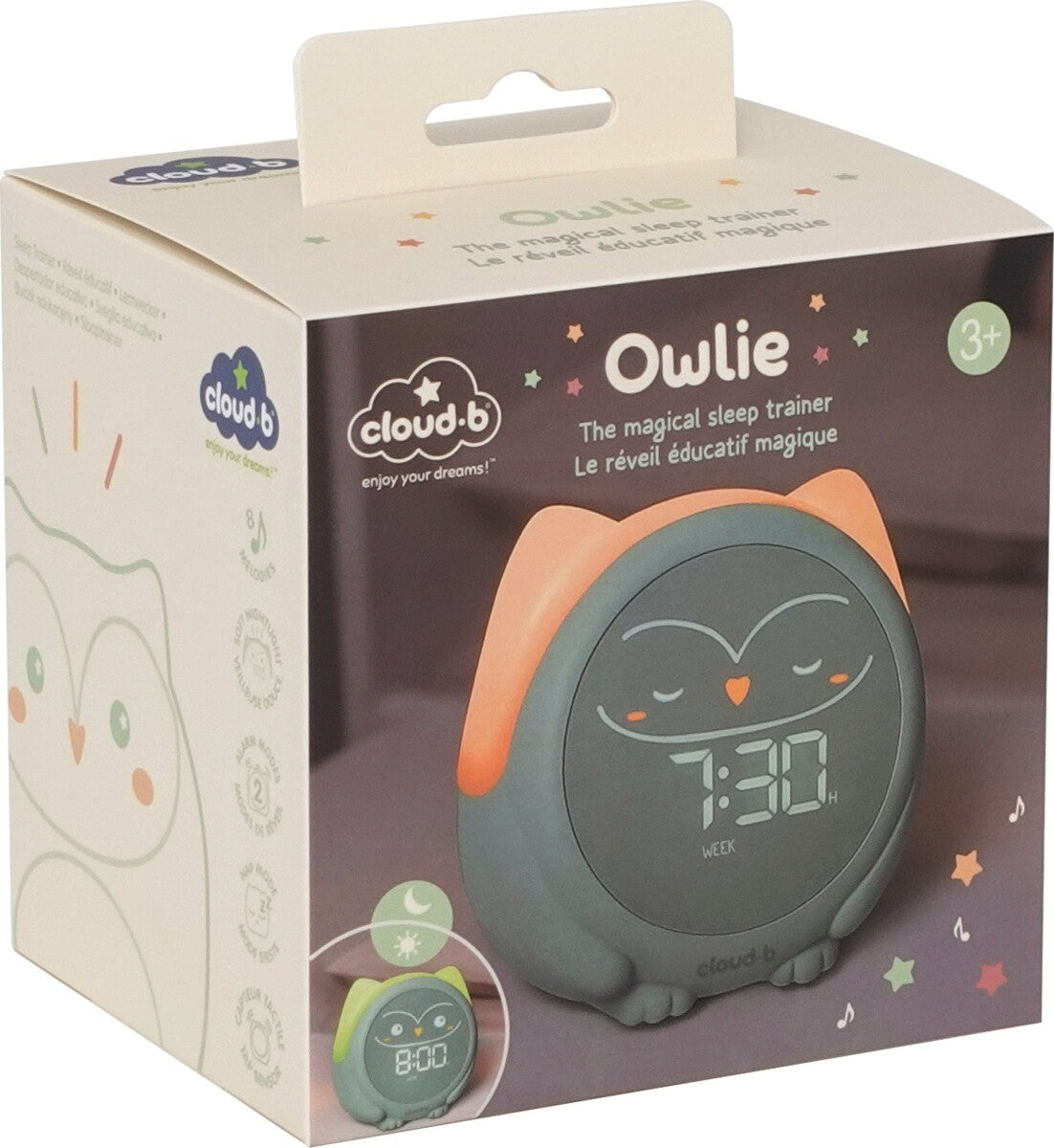 Packaging for Owlie sleep trainer, showing a grey owl-shaped digital clock with orange ears and a sleeping face.