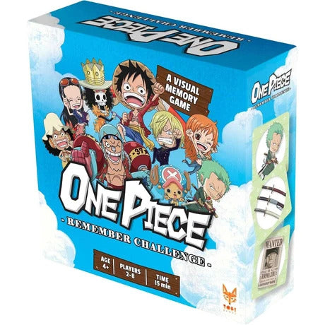 One Piece Remember Challenge game box featuring chibi Straw Hat Pirates characters against a blue sky with clouds.