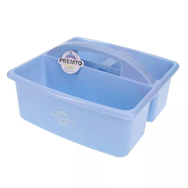 A light blue plastic storage caddy with three compartments and a central carry handle.