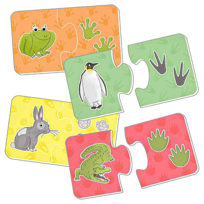 Colorful two-piece puzzles matching cartoon animals, including a frog and penguin, to their unique footprints.