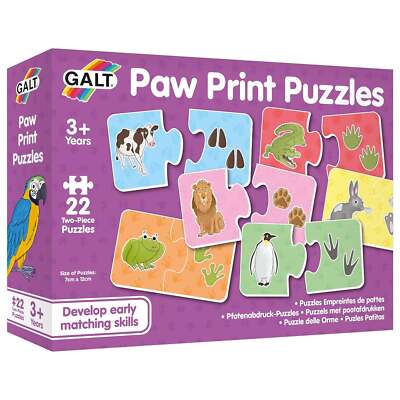 Purple box for Galt Paw Print Puzzles showing puzzle pieces matching animals like a lion and cow to their footprints.