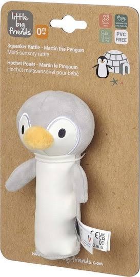 Plush penguin baby rattle in grey and white with a yellow beak, shown on its cardboard retail packaging.