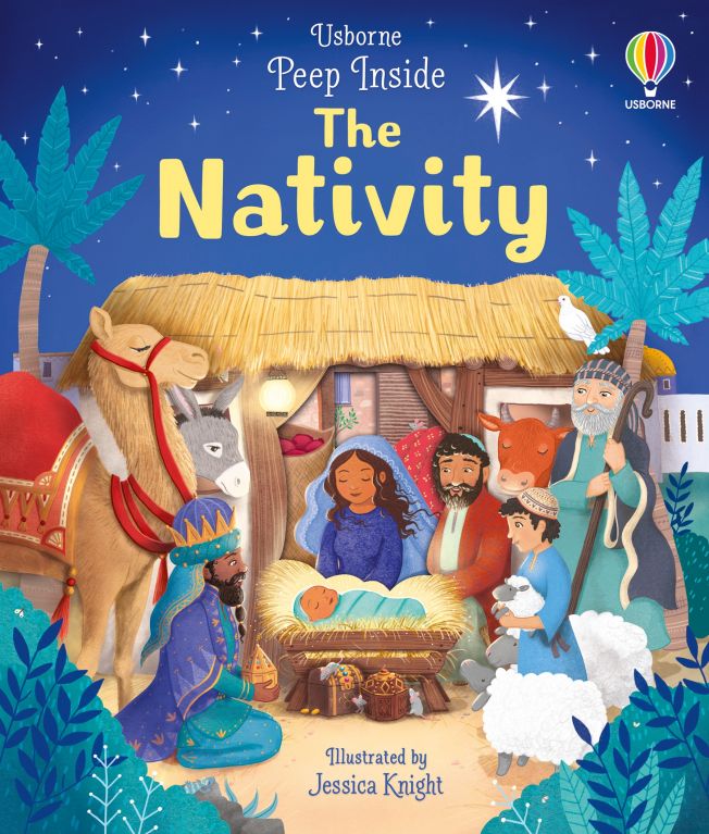 Front cover of Usborne Peep Inside The Nativity book featuring Mary, Joseph, and baby Jesus in a stable with animals.
