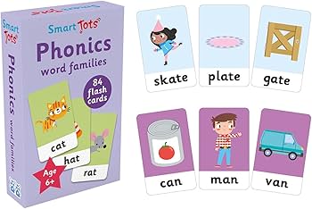 Smart Tots Phonics box and cards showing words like skate, plate, and van with colorful illustrations.