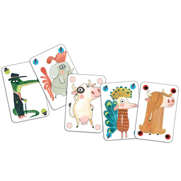 Five whimsical playing cards featuring an alligator in a suit, elephant, cow, bird, and yak.