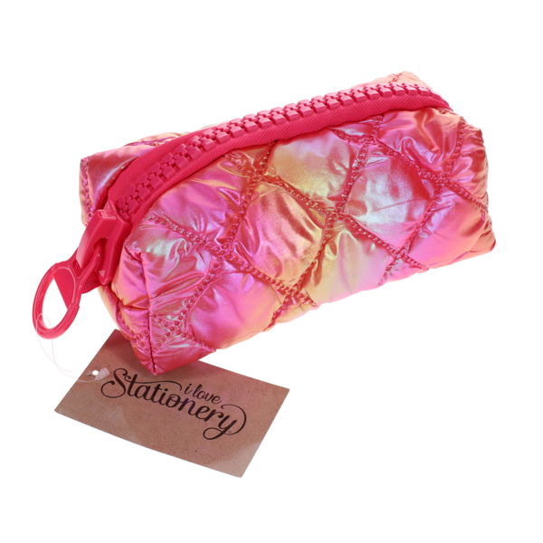 Pink iridescent quilted pencil case with a large chunky pink zipper and a cardboard brand tag.