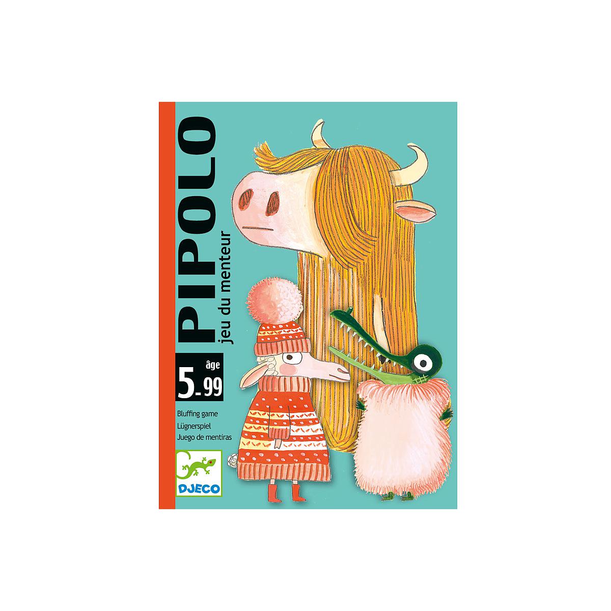 Product box for Pipolo card game by Djeco featuring a tall illustrated cow and a character in a red pom-pom hat.