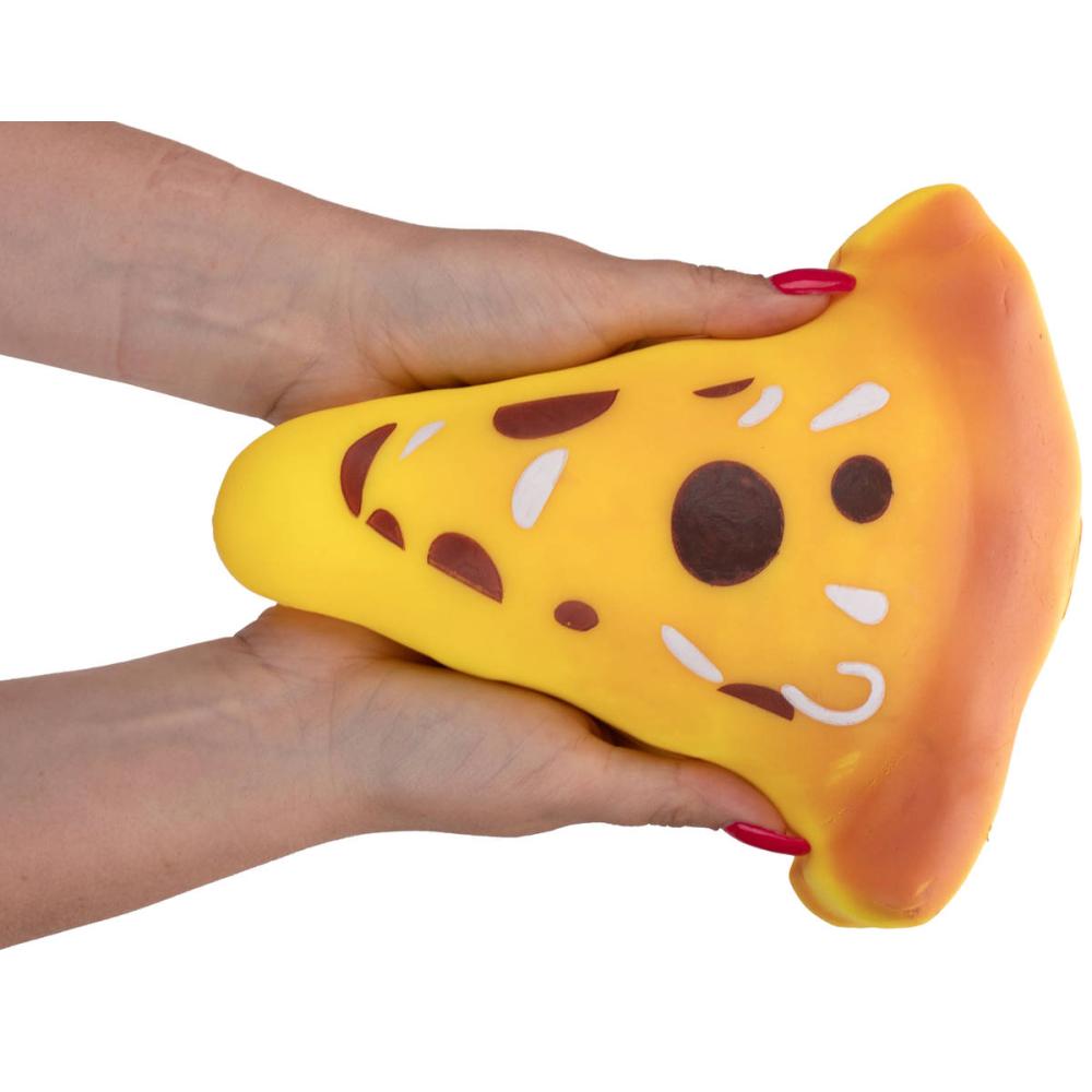 Two hands squeezing a triangular pizza-shaped foam squishy toy with yellow cheese and brown toppings.